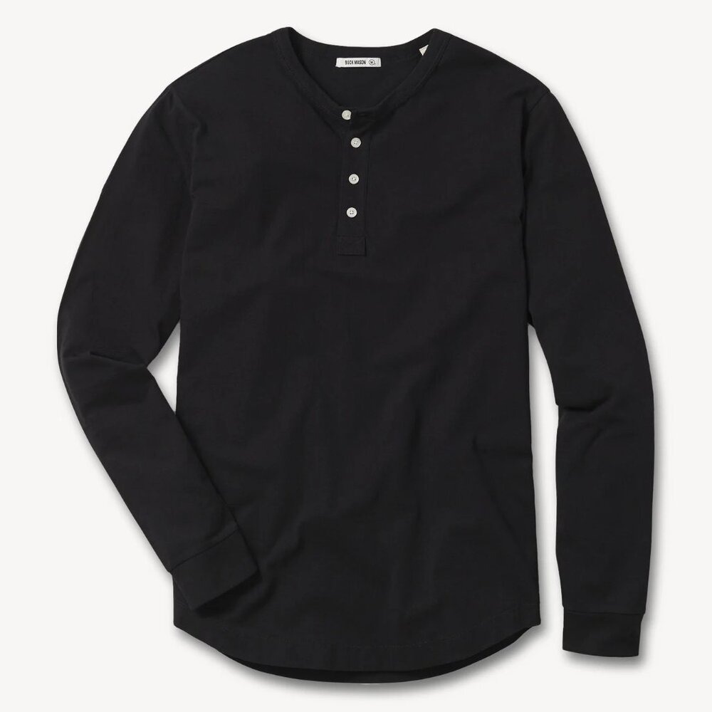 Buck Mason Pima Cotton Curved Hem Button Placket Black Long-Sleeve Henley